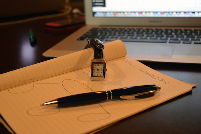 a watch and pen on a notepad with a mind map